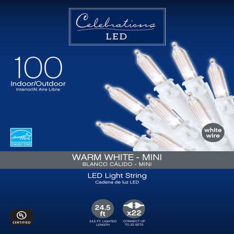 Celebrations LED Mini Warm White 100 ct String Christmas Lights 24.5 ft.